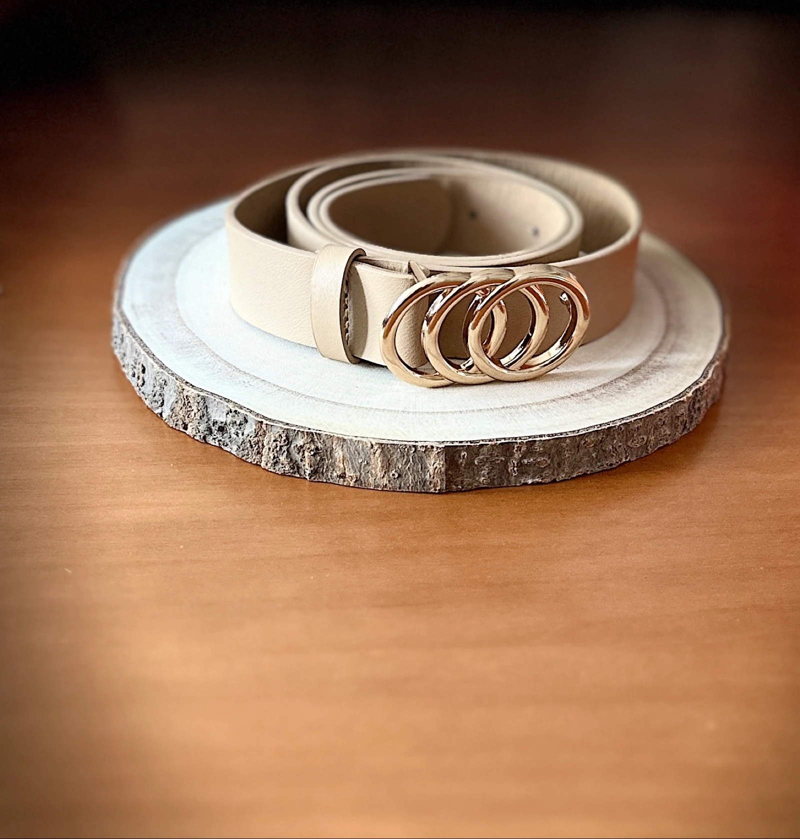 Ceinture beige avec boucle triple anneau doré 🌟 Chic & Minimaliste 100cm – photo 3
